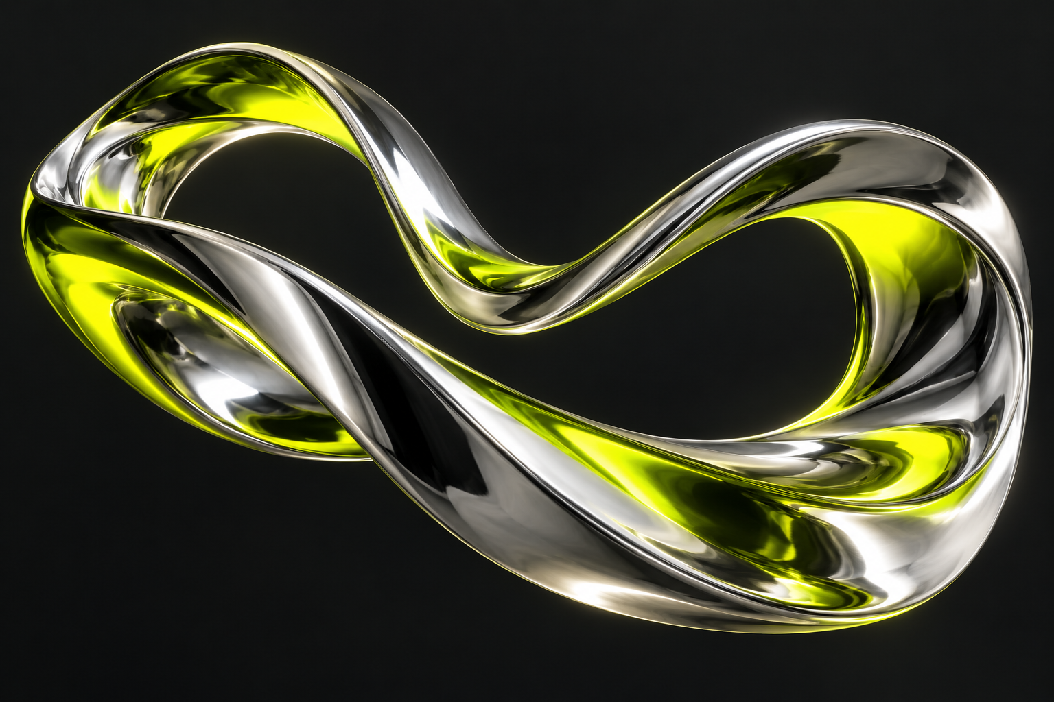 Sculptural chrome loop with vivid lime reflections